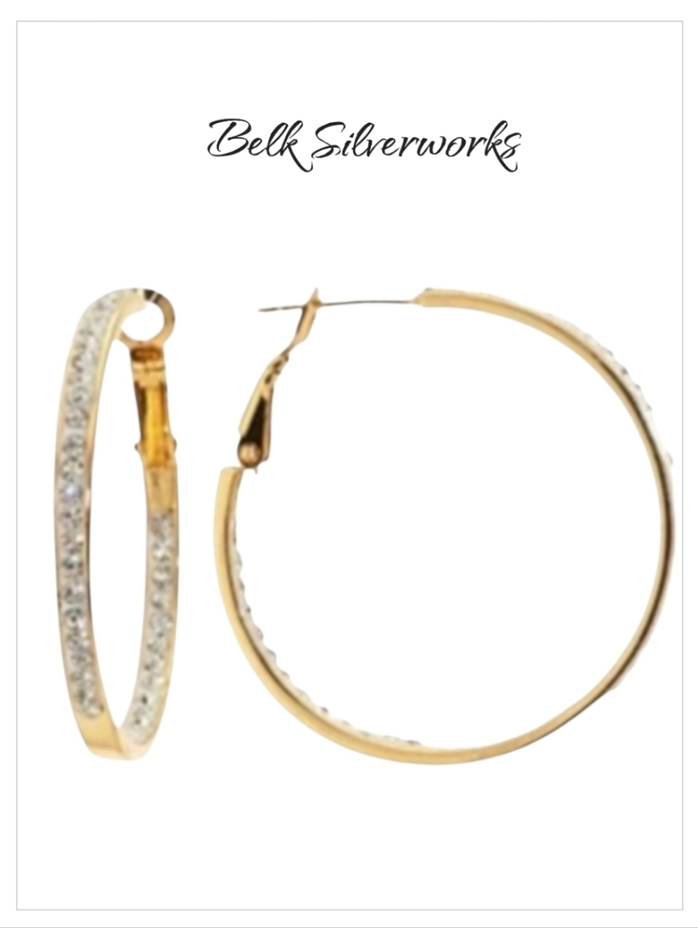 NWT Belk Silverworks 14K Gold over Silver Crystal Hoop Earrings 1.3"